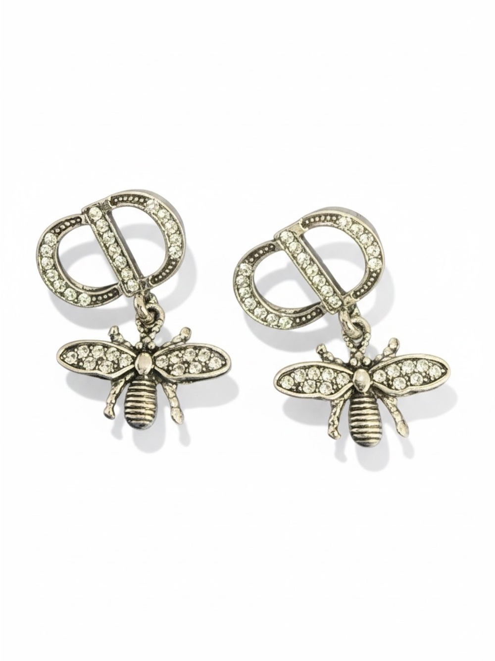 Designer silver-tone CD crystal bee drop earrings stainless steel new